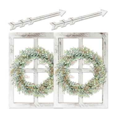 Imagem de WAKOSAN Moldura de janela de madeira rústica com guirlanda verde e flechas para decoração de parede, decoração de janela falsa de casa de fazenda para quarto e sala de estar, conjunto de 2 (branco