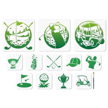 Imagem de MAYJOYDIY Conjunto de 12 peças de estêncil de golfe reutilizáveis, estênceis de campo de golfe para pintura, chapéu de bola esportiva, modelos de desenho de carro com pincel para parede, móveis, papel