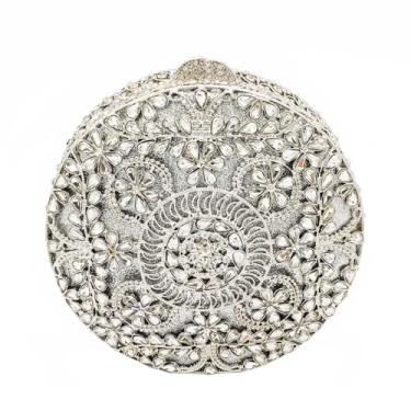 Imagem de Boutique De FGG Mini bolsa clutch redonda para mulheres, vestido de casamento, bolsas de mão para noite de flores, bolsas de mão com strass para noivas, Prata, Mini