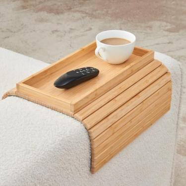 Imagem de Bandeja de braço de sofá, mesa dobrável para apoio de braço de sofá com caixa de armazenamento 31,5 cm x 14 cm, material de bambu natural, fundo de feltro antiderrapante - para bebidas, lanches