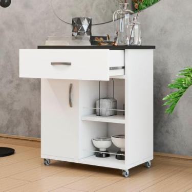 Imagem de Armário Fruteira de Cozinha Multiuso com Gaveta e Suporte para Micro-ondas em MDP com Rodinhas(Branco com Preto)