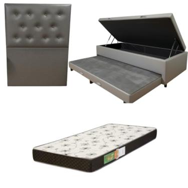 Imagem de Cama Box Baú Solteiro com Auxiliar (Bicama) + Colchão Solteiro Espuma D20 12cm | Kit Completo com Cabeceira Botonê Opcional | Diversas Cores (3, CORINO CINZA, COM CABECEIRA)