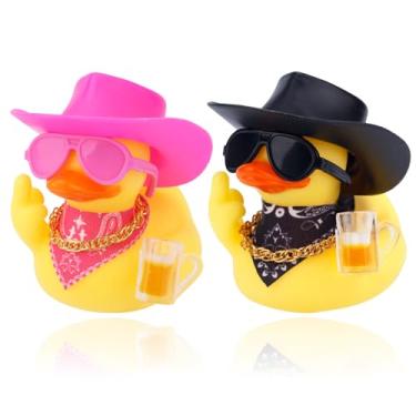 Imagem de Fukaisu 2 Peças Patos de Borracha Engraçados para Painel, Fofos Carro Pato de Borracha Ornamento com Mini Óculos Chapéu Cachecol Acessórios para Casa Escritório Geladeira Decoração (Rosa, Preto)