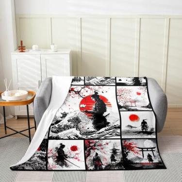 Imagem de Feelyou Cobertor de lã Samurai de flanela para bebês 76 x 101 cm, cobertor felpudo com flores de cerejeira, crianças, meninos, meninas, ondas, japonês, oceano, ondas, cobertor de pelúcia pôr do sol,