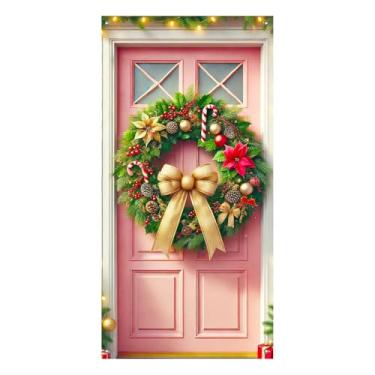 Imagem de BlissYard Guirlanda de cobertura de porta de Natal com poinsétias de laço dourado e bengalas de doces, arte festiva de casa de fazenda para decoração interna e externa, decoração de Natal de 189 x 89