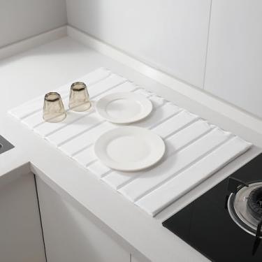 Imagem de Volminex Tapete de secagem de louça para balcão de cozinha, tapete dobrável grande de secagem de pedra de terra de diatomáceas, tapetes de couro PU super absorvente de secagem rápida combinam com