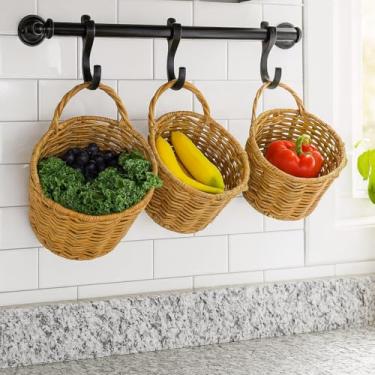 Imagem de Cestas de armazenamento de vime tecidas à mão com alças – conjunto de 3, caixas organizadoras de vime natural para casa, cozinha, jardim ou sala de estar – cestas decorativas para vegetais, frutas e