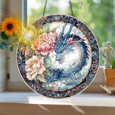 Imagem de Apanhador de sol de acrílico colorido, estilo vitral com estampa de dragão animal, com reflexos de arco-íris, decoração de janela suspensa, arte de parede, ornamentos de Natal para uso interno e