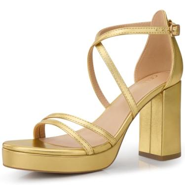 Imagem de CELLENZ Salto plataforma feminino com tiras: sandálias de salto grosso de 8,3 cm, salto alto sexy confortável, para festa de formatura, casamento, preto, branco, prata, nude, sapatos elegantes