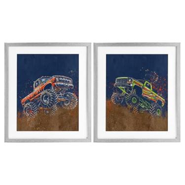 Imagem de Stupell Industries Conjunto de impressão emoldurada de bétula de 2 peças Monster Truck Jam, design de Kim Allen, 53 x 43 cm