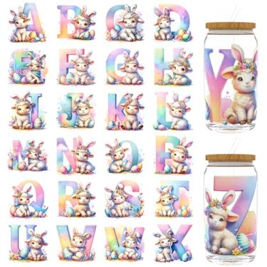 Imagem de XRTHGS 32 peças/conjunto de adesivos DTF UV do alfabeto animal da Páscoa para garrafas de água, copos, adesivos de transferência DTF para frascos de vidro de 473 ml, embalagens de transferência UV DTF