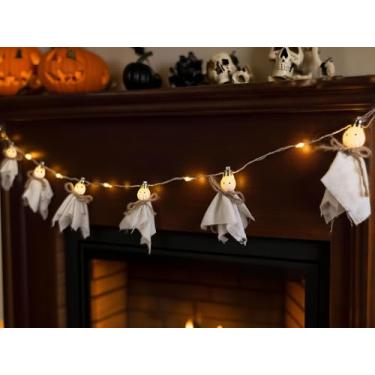 Imagem de FESTGLOX Guirlanda fantasma para decoração fofa de Halloween, tecido de 1,8 m e corda de luzes fantasma de juta com função de temporizador, pequenos fantasmas pendurados para cornija, decorações fofas