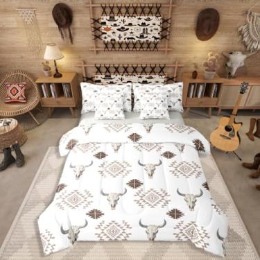Imagem de Erosebridal Conjunto de cama king asteca boêmio, tamanho king, conjunto de edredom geométrico ocidental com lençóis, cama de caveira de touro étnico exótico em uma bolsa para homens, meninos e adultos