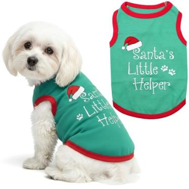 Imagem de Parisian Pet Camiseta para cães - Camiseta bordada "Santa's Little Helper" para cães - Roupa de Natal para cães de algodão leve - Roupas de Natal sem mangas para cães - Camisetas para cães pequenos -