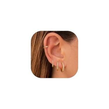 Imagem de Conjunto de brincos de argola de ouro para mulheres 14 k banhado a ouro 14 quilates, brincos delicados, conjunto de 4 pares, presentes de aniversário para mulheres, Zircônia cúbica