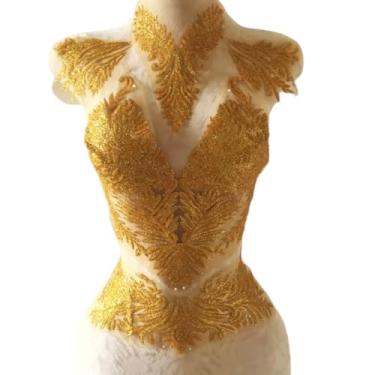 Imagem de Apliques adesivos para pescoço ombro peito cintura parte decorativa para costurar à noite vestido de casamento roupas vestido baile festa dança estado costura, pequenos grânulos colados (amarelo)