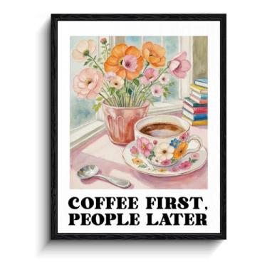 Imagem de Arte de parede com citação de café, primeira mensagem de café, decoração de parede de cozinha floral, impressão em tela emoldurada pronta para pendurar, arte de pôster de café bar, para presente de