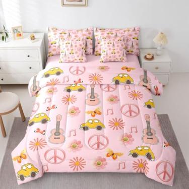 Imagem de Erosebridal Jogo de cama floral rosa em uma bolsa casal | Jogo de edredom de 7 peças com estampa de flores, reversível, borboleta, botânico, respirável, leve