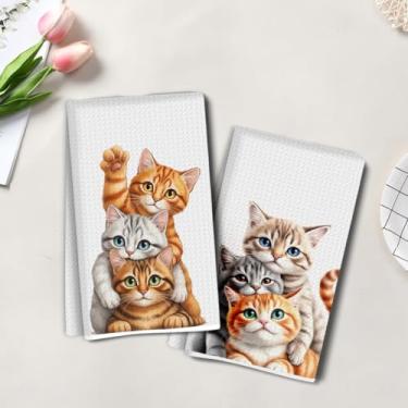 Imagem de 2 peças de toalhas de cozinha artísticas de gato fofo, toalha de mão de chá super absorvente, panos de prato de microfibra para secar pratos, toalhas de prato waffle para cozinha, banheiro, presentes