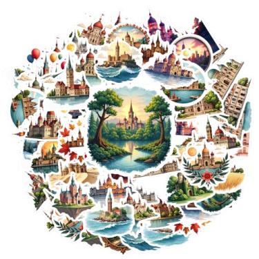 Imagem de 50 peças arquitetura marco castelo palácio histórico adesivos PVC adesivos arquitetônicos cênicos para guitarra, laptop, capacete, skate, telefone faça você mesmo, guitarra, laptop, notebook, mala