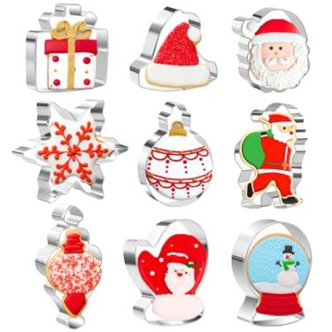 Imagem de 9 peças de cortadores de biscoito de Natal, conjunto de cortadores de biscoito, cortador de biscoito de aço inoxidável - Papai Noel, homem de gengibre, árvore de Natal, rena, floco de neve, boneco de