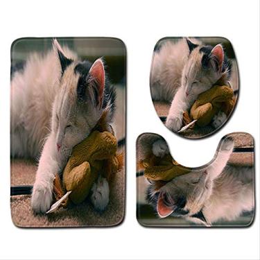 Imagem de Tapete de banheiro de três peças para gatos, tapete decorativo de banheiro 3D para animais de estimação e assento de vaso sanitário, cobertor de banheiro antiderrapante, tapete de chuveiro