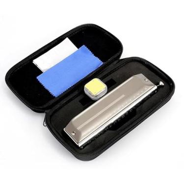 Imagem de Gaita cromática profissional de 16 furos com chave C com linda concha prateada e borda lisa do bocal