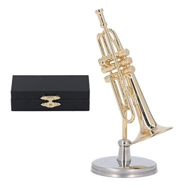Imagem de Modelo de mini trompete de latão em miniatura Design requintado Réplica de trompete de latão durável com suporte e estojo para estante de mesa Decoração de escritório (2,56 pol.)