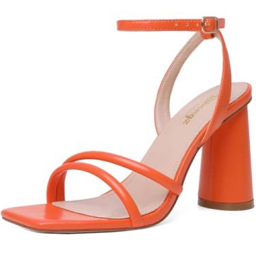 Imagem de RIBONGZ Sandálias femininas de salto alto quadradas grossas de salto alto com tiras de salto alto com tiras no tornozelo, sapatos de noiva de casamento e salto alto para vestido de festa, Laranja, 41
