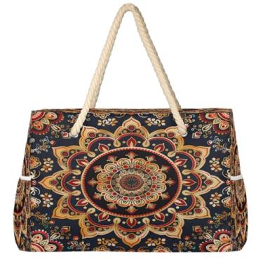 Imagem de hongjinglin Bolsa de praia grande, leve, dobrável, mandala, amarela, étnica, para piscina, bolsa de ombro, Cor 1, Large