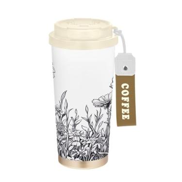 Imagem de SEHANY Caneca de viagem com flores pretas e brancas de 482 ml, copos de café reutilizáveis revestidos de cerâmica com tampa à prova de vazamento, parede dupla, isolamento a vácuo, copo de café de aço