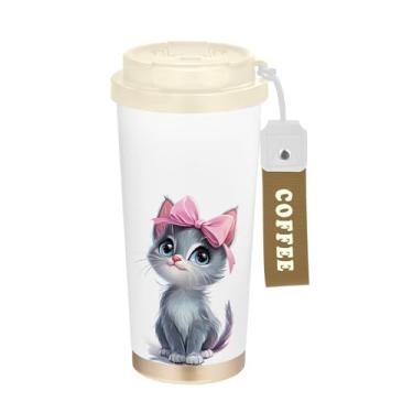 Imagem de SEHANY Caneca de viagem de gato gatinho fofo de 482 g xícaras de café reutilizáveis revestidas de cerâmica com tampa à prova de vazamento, parede dupla, isolamento a vácuo, copo de café de aço