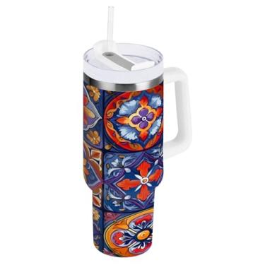 Imagem de Blueangle Copo isolado de 1,134 g com alça e tampa de canudo - Caneca de viagem de aço inoxidável à prova de vazamento, garrafa de água de cerâmica mexicana a vácuo de parede dupla (587)