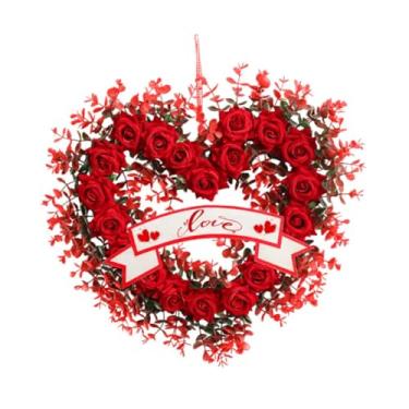 Imagem de Fancyes Guirlanda romântica em formato de coração para o Dia dos Namorados, com flores artificiais, ideal para pendurar na porta de entrada em ocasiões como