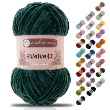 Imagem de Makromecity Fio de veludo 100 g (3,5 oz) / 120 m (132 jardas) fio de chenille premium 100% poliéster, ultra macio, antibolinhas, lavável na máquina, 30 cores para tricô e crochê (verde floresta, 1