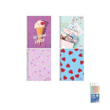 Imagem de Kit Caderno Universitário Vibe Feminino 80F Tilibra + Caneta Trigel Branca 12 Unidades + Marca Texto Lumini Pastel 6 Cores
