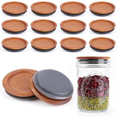 Imagem de Pacote com 12 tampas de pote de boca larga – tampas de madeira de acácia de 7 cm com vedação de silicone hermética, tampas de pote de conservas, reutilizáveis e laváveis na lava-louças