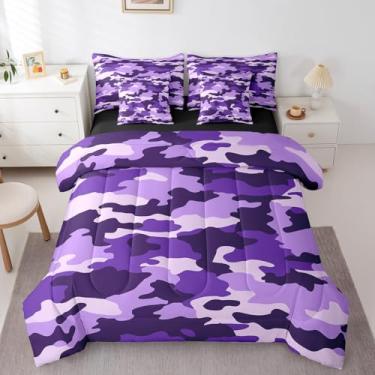 Imagem de Erosebridal Conjunto de cama de camuflagem roxa em uma bolsa, tamanho solteiro, cabine militar, 7 peças, reversível, conjunto de cama de camuflagem para todas as estações com edredom, lençóis, fronhas