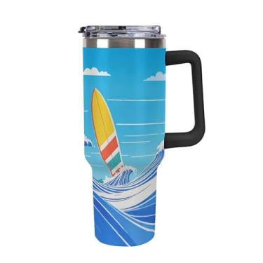 Imagem de Copo de carro de grande capacidade de 1,134 g, copo Stanley com ondas e prancha de surfe, copo de café isolado a vácuo, selado para suporte de copo de carro e ao ar livre, à prova de vazamento e