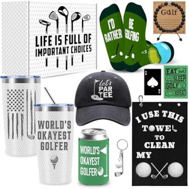 Imagem de 10 peças de presentes de golfe para homens, acessórios de golfe presente com 590 ml chapéu copo meias toalha de golfe pulseira chaveiro lata coolers, presentes de Natal para amantes de golfistas, pai