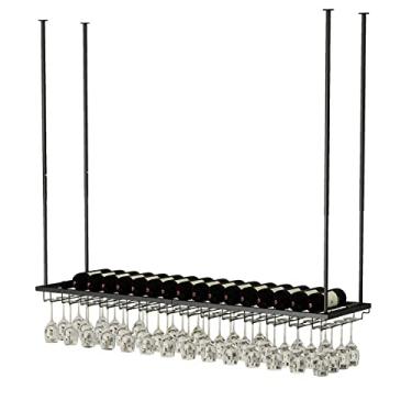 Imagem de Prateleira de teto suspensa para vinho, suporte de garrafa de teto de metal, suporte de armazenamento de vinho com altura e largura ajustáveis com prateleira de vidro para taças