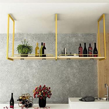 Imagem de APUM Rack suspenso para copos de vinho - rack de vinho montado na parede, suporte de garrafa de vinho dourado, prateleira de teto, rack de plantas montado na parede/rack de vinho, placa de madeira