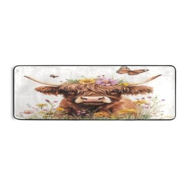Imagem de Burbuja Tapete de vaca com flores borboleta 61 x 183 cm, tapete lavável antiderrapante com suporte de borracha, tapete para sala de estar, corredor, decoração de casa