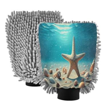 Imagem de STAYTOP Luvas de lavagem de carro estrela-do-mar e conchas de praia, 2 peças, luvas de microfibra de chenille, sem arranhões, panos de esponja de lavagem ultra absorventes para carros, limpeza