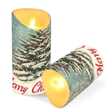 Imagem de Blueangle Pacote com 2 velas vintage de árvore de Natal sem chamas com controle remoto e temporizador, velas LED cintilantes (7,6 cm x 15 cm) para decoração de casa, casamento, acampamento (591)