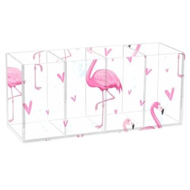 Imagem de Burbuja Porta-canetas de acrílico coração flamingos rosa, 4 compartimentos, suporte de lápis transparente para pincel de maquiagem estacionário, acessórios de mesa de escritório em casa