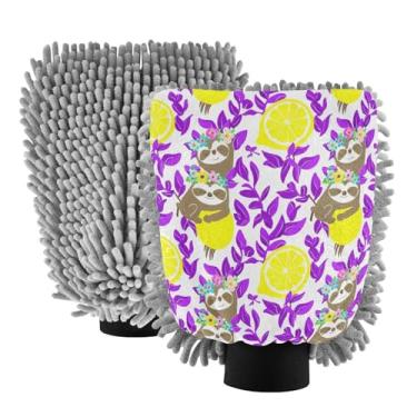Imagem de STAYTOP Lindas luvas de lavagem de carro preguiça e limão amarelo, 2 peças, luvas de microfibra de chenille, sem arranhões, panos de esponja de lavagem ultra absorventes para carros, limpeza doméstica