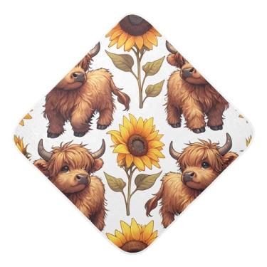 Imagem de Burbuja Toalha de banho de bebê Highland Cows Girassóis - Toalha com capuz de musselina macia e absorvente para recém-nascidos e bebês, 89 x 89 cm
