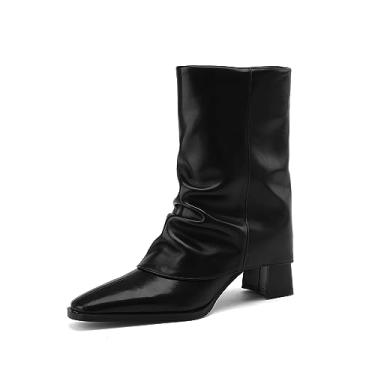 Imagem de TinaCus Botas femininas de couro genuíno feitas à mão com salto grosso, estilosas, Preto, 38