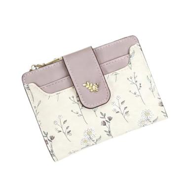 Imagem de Carteira pequena floral feminina, porta-cartões dobrável com janela para identidade e bolso com zíper, linda carteira compacta para compras (roxa